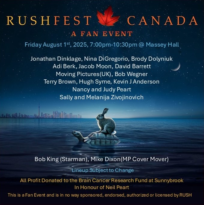 2025 RUSHFest Canada - Massey Hall, Jonathan Dinklage, Nina DiGregorio, Kevin Anderson, Terry Brown, Hugh Syme, Jacob Moon, David Barrett, Adi Berk, Nancy Peart, Judy Peart, Sally Zivojinovich, Melanija Zivojinovich, Bob King Mike Dixon, Moving Pictures, Bob Wegner
